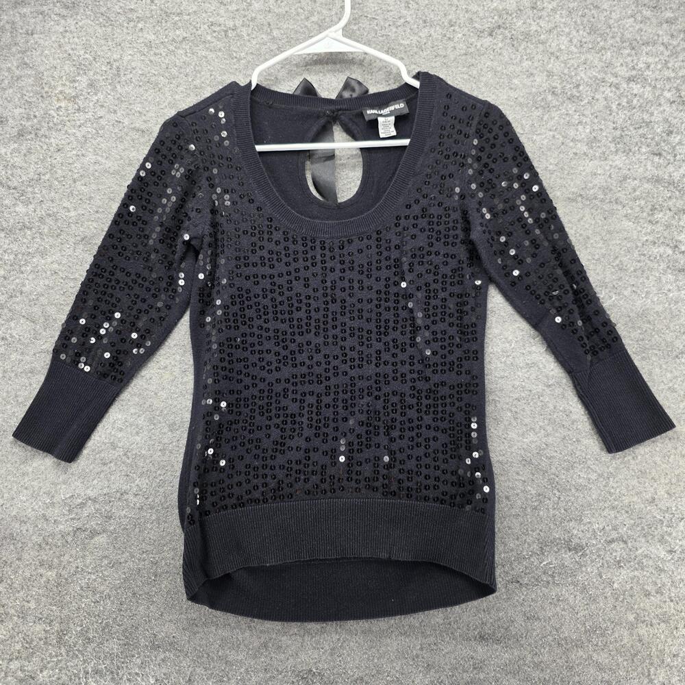KARL LAGERFELD PARIS Sweater Pullover Womens S Black Crew Neck Sequin Bow